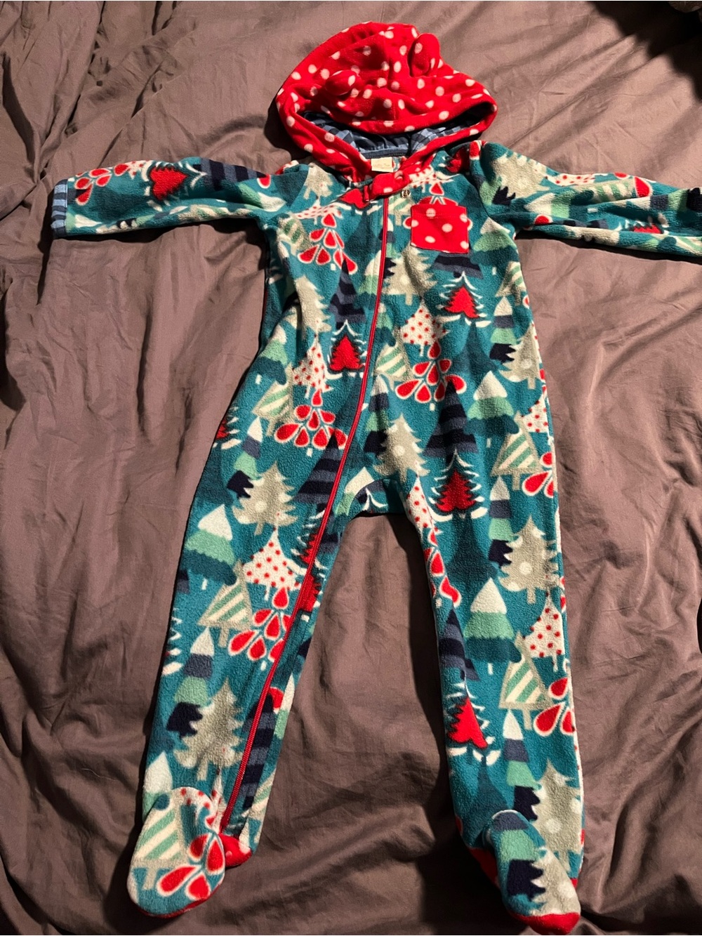 Matilda Jane Christmas Red & Teal Fleece One-Piece Hooded Pajamas